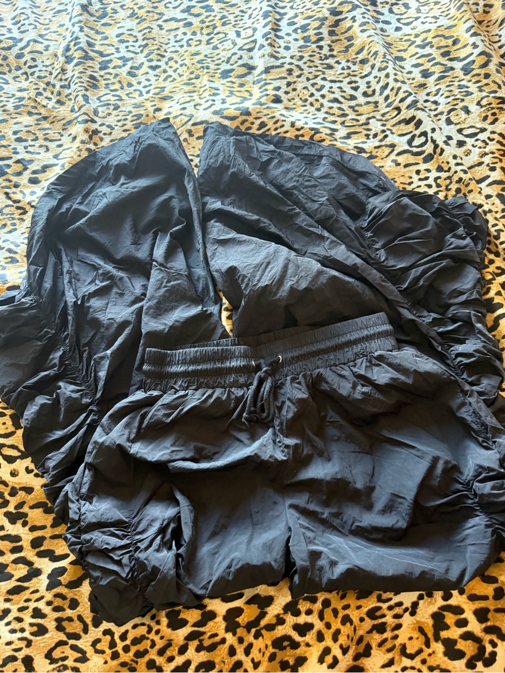 Black Rhinestone Not Nice Rouched Parachute Pants - Picture 3 of 6